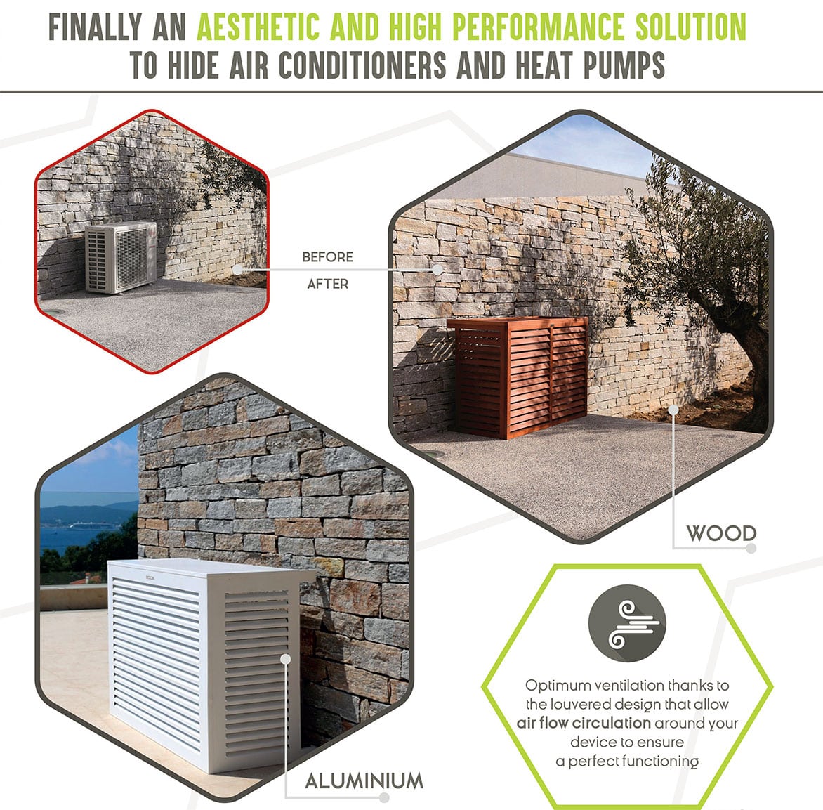 Cubierta de aire acondicionado exterior de aluminio o de madera decoclim